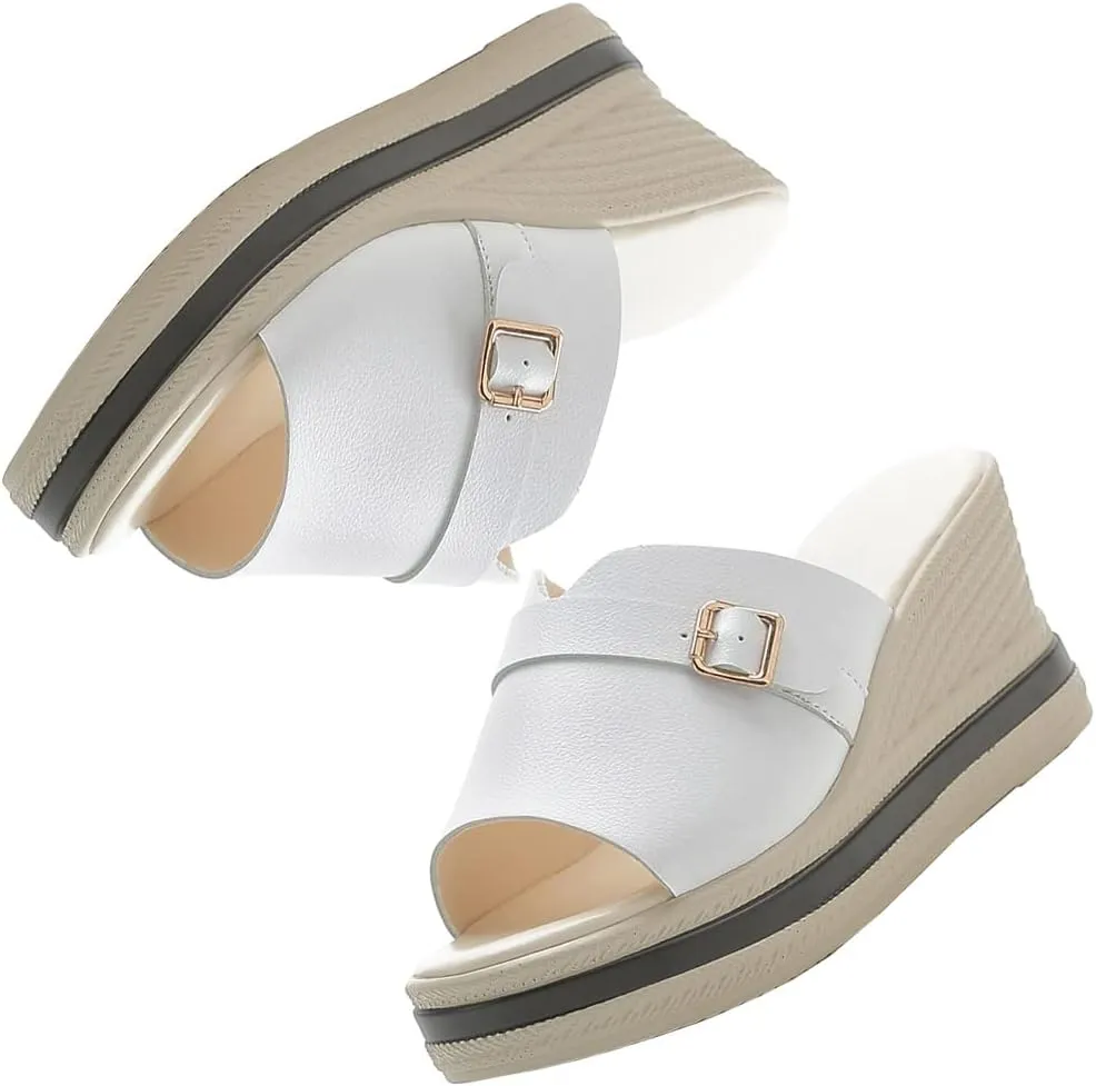 GEXECEUSS Womens Wedge Sandals Slope Heel Thick Bottom Slip On Slippers Non Slip Vintage Open Toe Sandals for Street Work School Beach