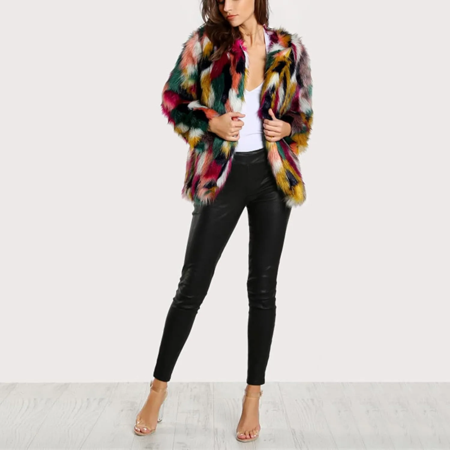 Gihuo Women’s Multicolor Faux Fur Coat Winter Warm Gradient Color Outwear Jacket Fall Shaggy Furry Open Front Cardigan