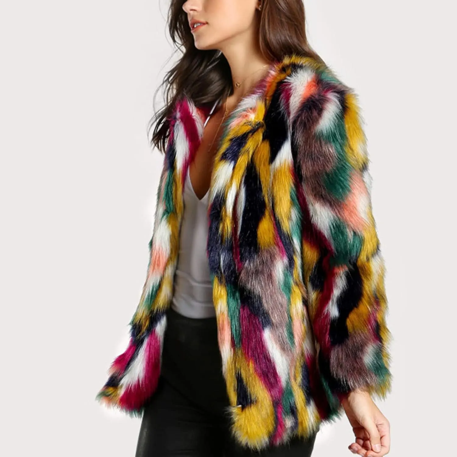 Gihuo Women’s Multicolor Faux Fur Coat Winter Warm Gradient Color Outwear Jacket Fall Shaggy Furry Open Front Cardigan