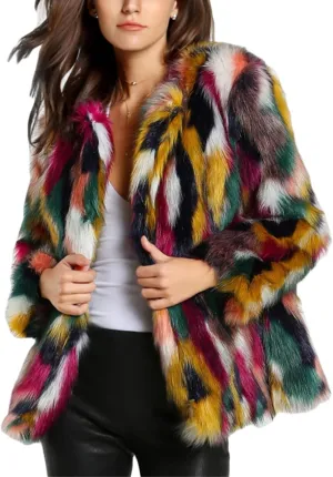 Gihuo Women’s Multicolor Faux Fur Coat Winter Warm Gradient Color Outwear Jacket Fall Shaggy Furry Open Front Cardigan