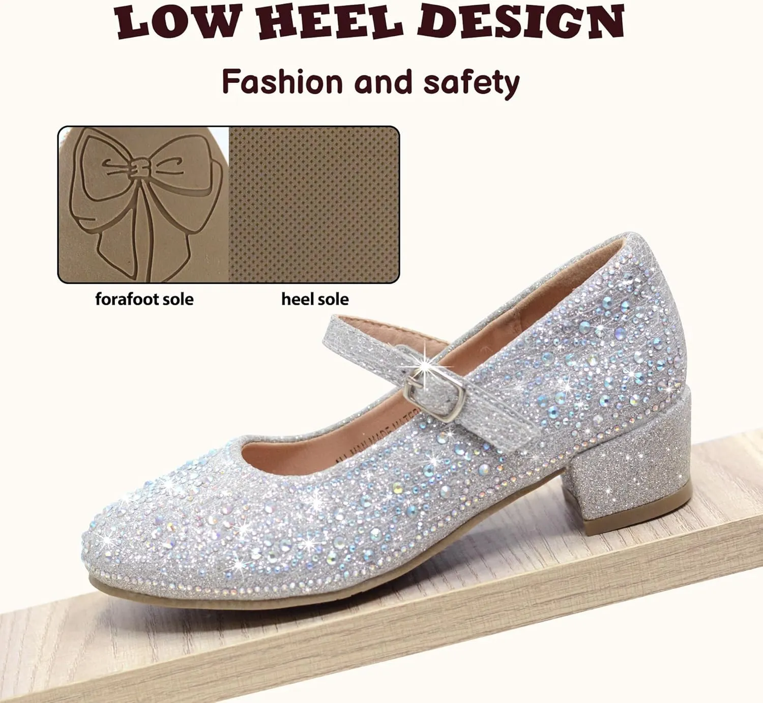 Girls Dress Shoes Mary Jane Low Heel Princess Flower Wedding Flats Glitter Shoes for Toddler/Little Kid/Big Kids