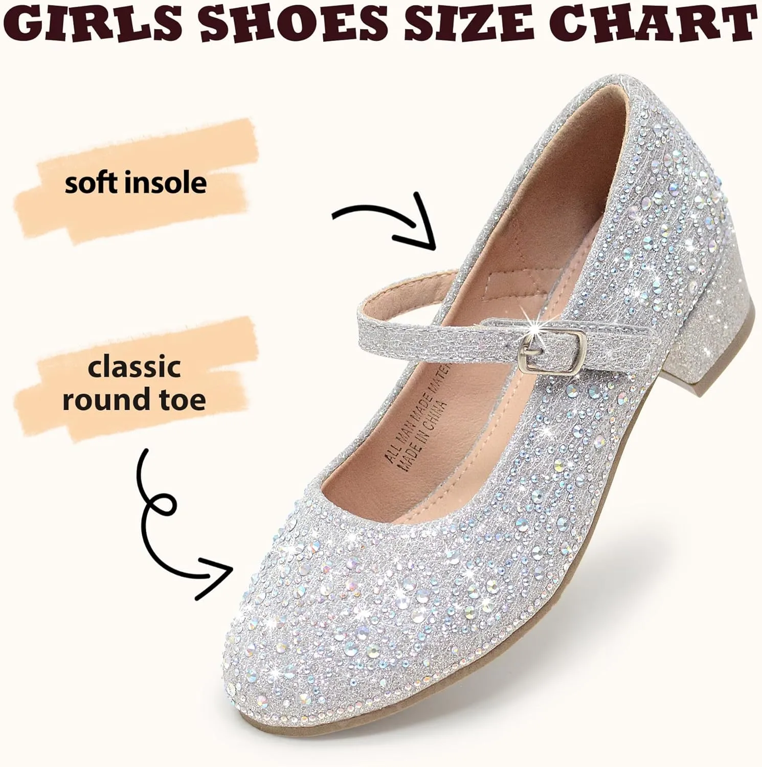 Girls Dress Shoes Mary Jane Low Heel Princess Flower Wedding Flats Glitter Shoes for Toddler/Little Kid/Big Kids