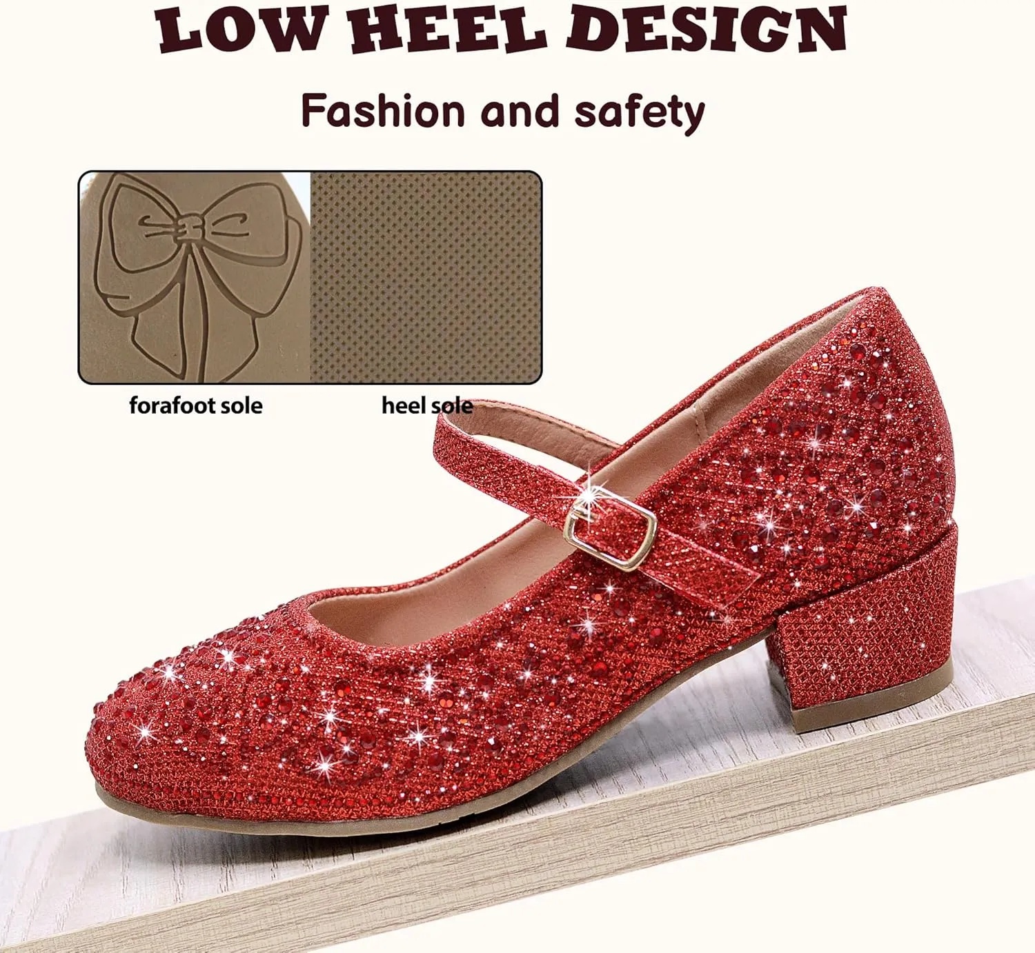Girls Dress Shoes Mary Jane Low Heel Princess Flower Wedding Flats Glitter Shoes for Toddler/Little Kid/Big Kids