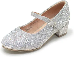 Girls Dress Shoes Mary Jane Low Heel Princess Flower Wedding Flats Glitter Shoes for Toddler/Little Kid/Big Kids