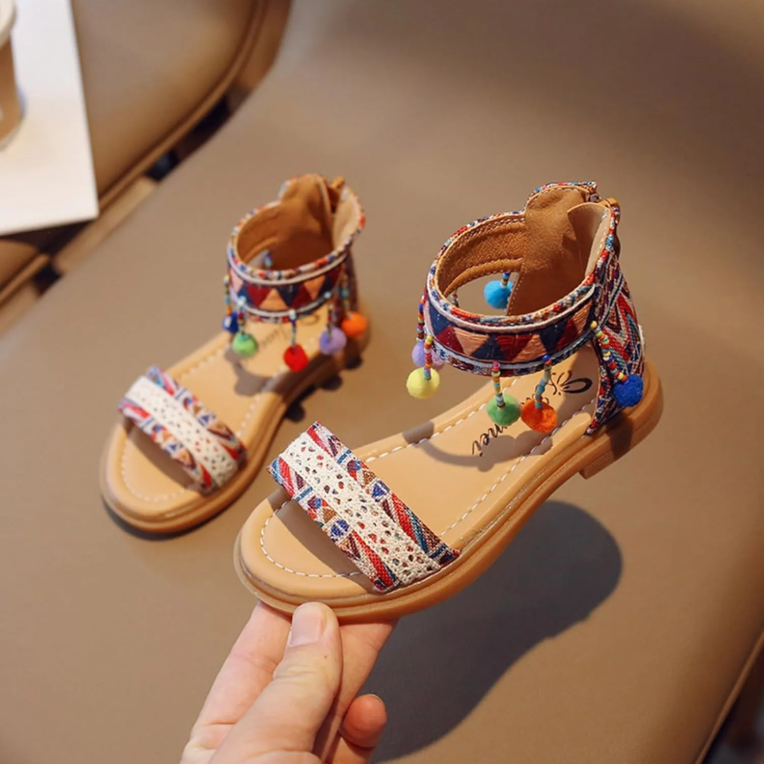 Girls Flat Sandals with Comfy Rubber Sole Back Zipper Flat Summer Beach Shoes for Little Kid Bohemian Open Toe Sandal with Arch Support Toddler Vacation Dressy Shoes Breathable Lightweight