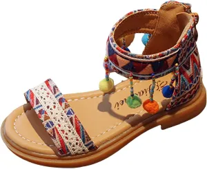 Girls Flat Sandals with Comfy Rubber Sole Back Zipper Flat Summer Beach Shoes for Little Kid Bohemian Open Toe Sandal with Arch Support Toddler Vacation Dressy Shoes Breathable Lightweight