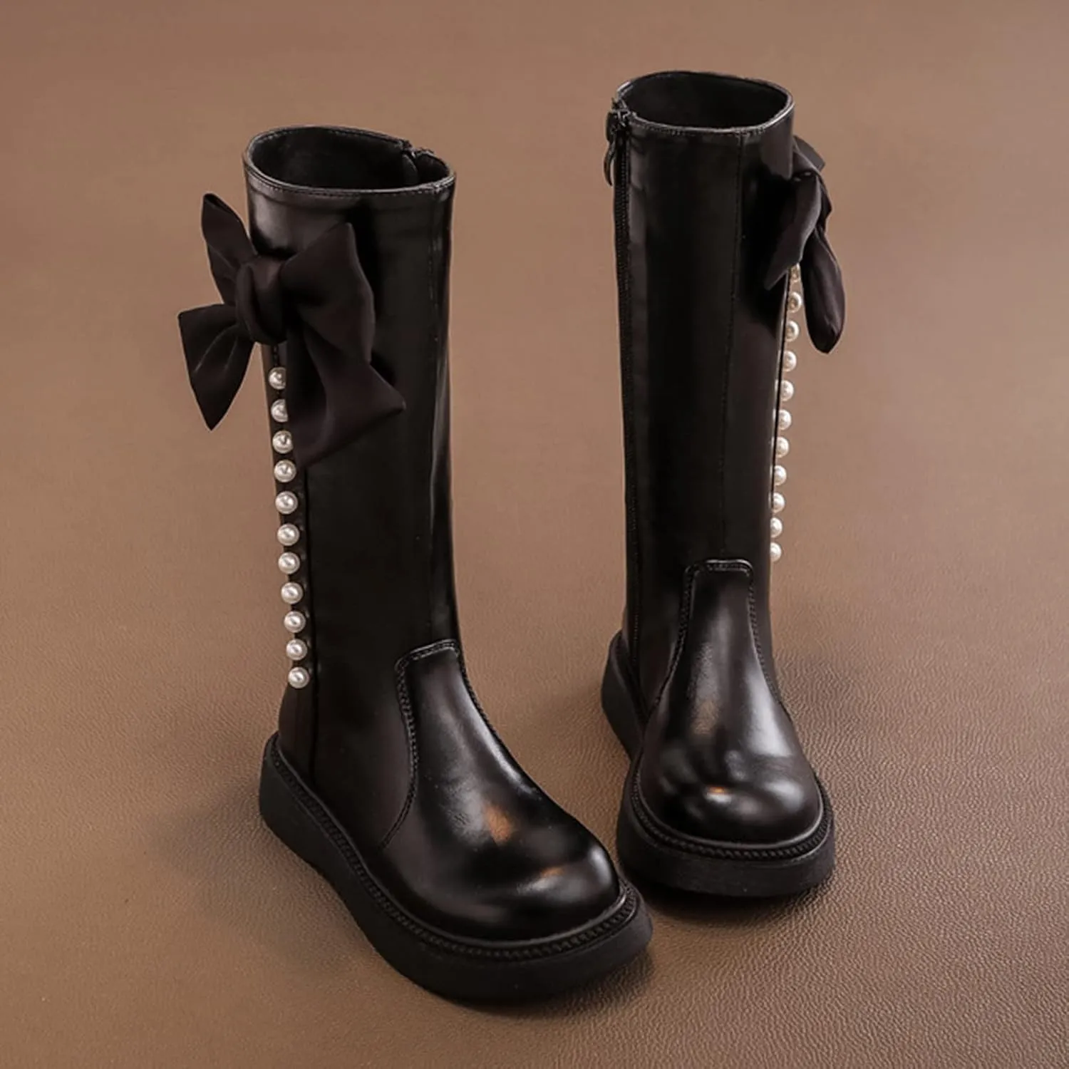 Girls Tall Leather Boots Childrens 𝐖aterproof Long Boots Big Kids Outdoor Non Slip Lightweight Boots Snow Flat Shoes