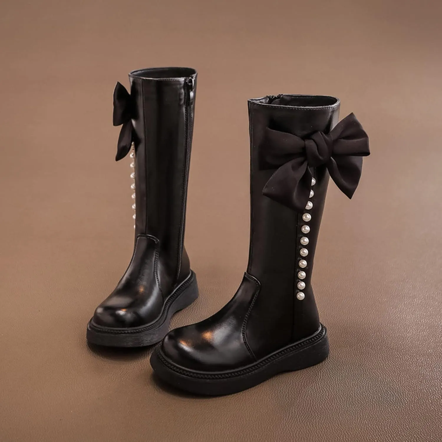 Girls Tall Leather Boots Childrens 𝐖aterproof Long Boots Big Kids Outdoor Non Slip Lightweight Boots Snow Flat Shoes