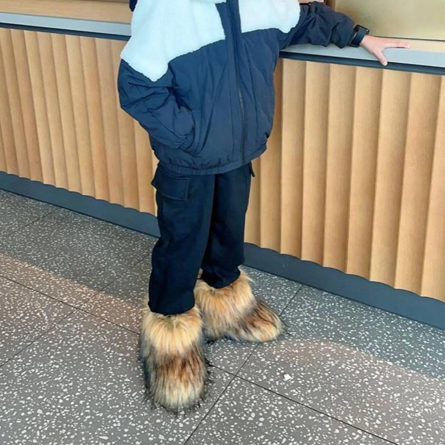 Girls Winter Faux Fur Ankle Boots Fluffy Furry Flat Snow Boots