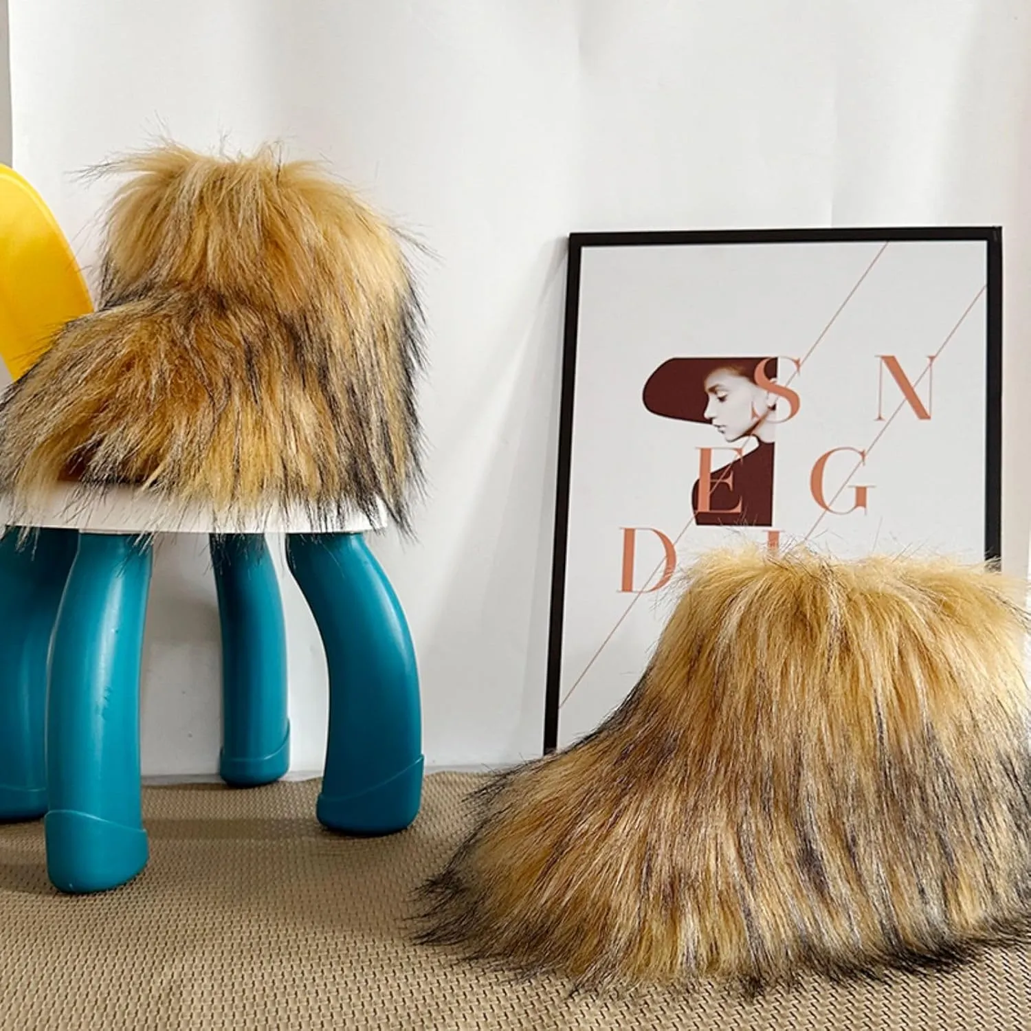 Girls Winter Faux Fur Ankle Boots Fluffy Furry Flat Snow Boots