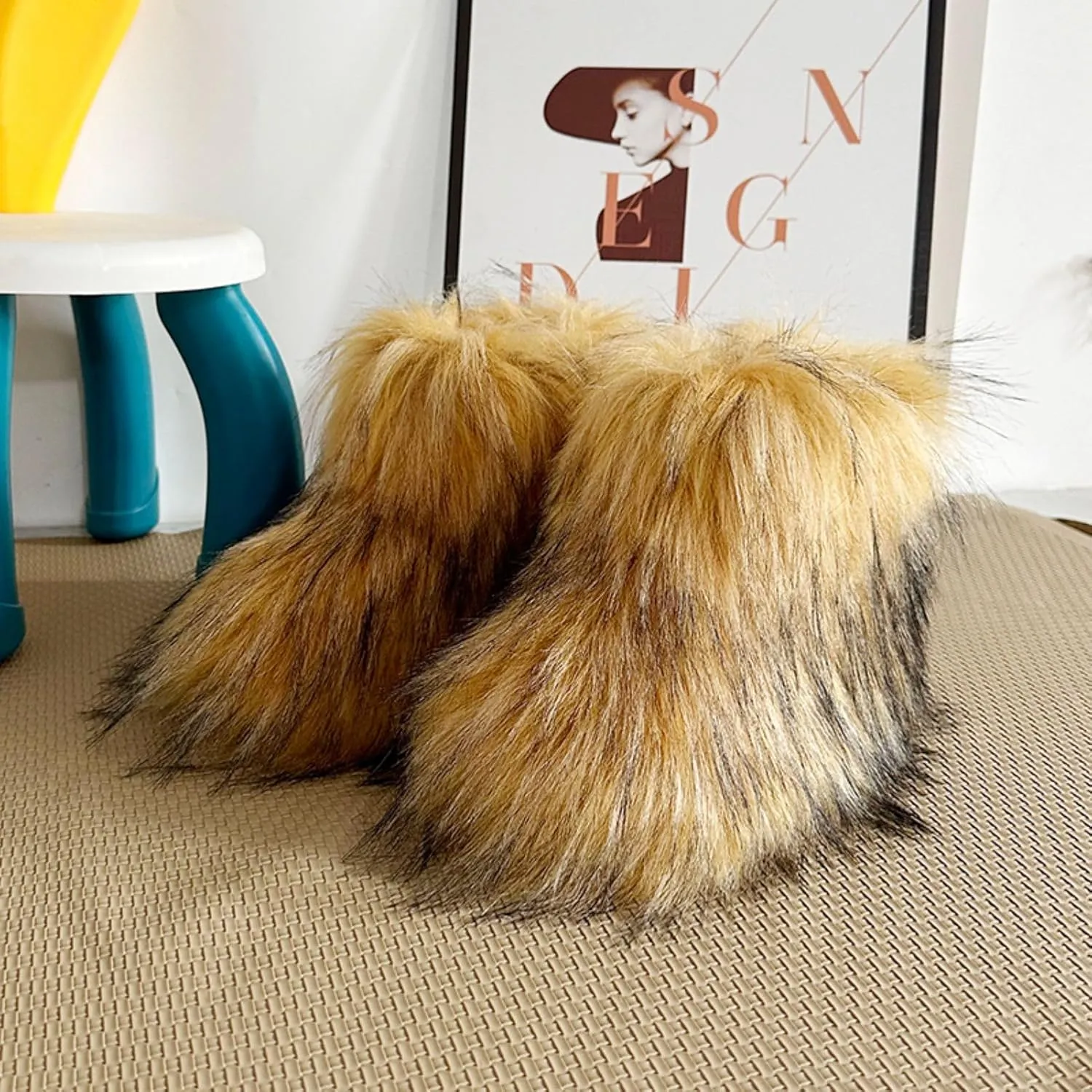 Girls Winter Faux Fur Ankle Boots Fluffy Furry Flat Snow Boots