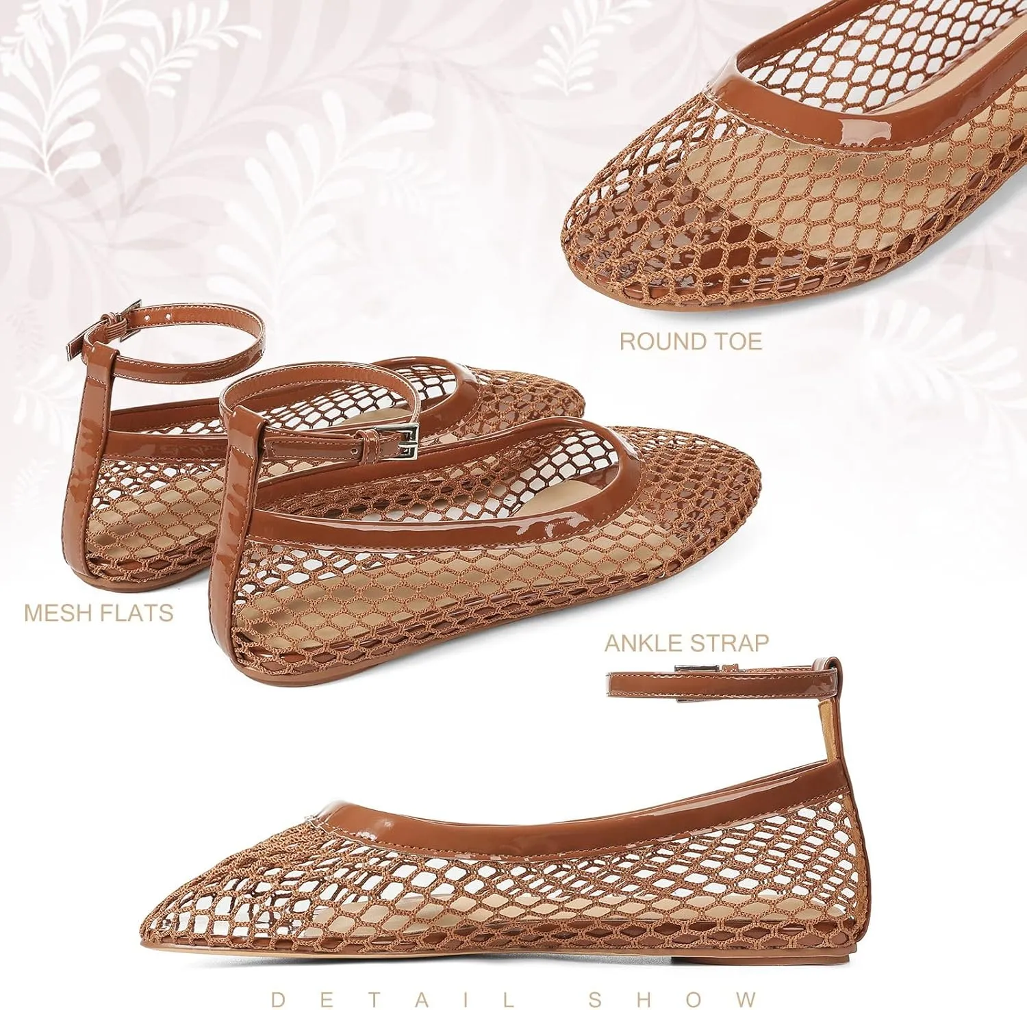 Goiphrri Ballet Flats Shoes for Women Dressy Comfortable Ankle Strap Mesh Ballet Flats for Women Round Toe Ballerina Flats for Women Summer Casual Daily Dress Mesh Flats Shoes