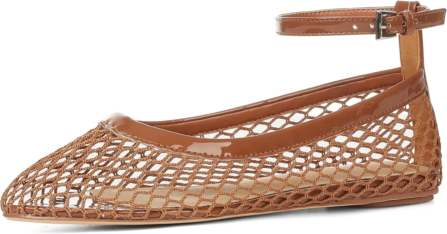 Goiphrri Ballet Flats Shoes for Women Dressy Comfortable Ankle Strap Mesh Ballet Flats for Women Round Toe Ballerina Flats for Women Summer Casual Daily Dress Mesh Flats Shoes