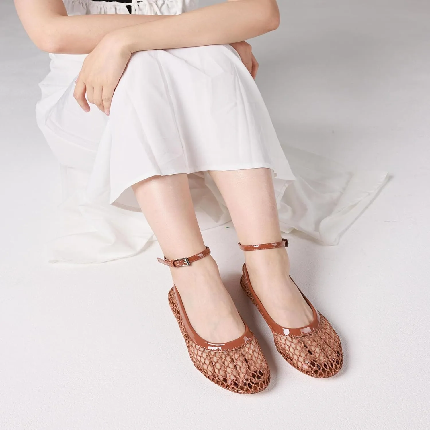 Goiphrri Ballet Flats Shoes for Women Dressy Comfortable Ankle Strap Mesh Ballet Flats for Women Round Toe Ballerina Flats for Women Summer Casual Daily Dress Mesh Flats Shoes