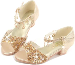 GOJERP Little Kids Girls Sandals Glitter Rhinestone Dress Pumps Sequins Princess Low Heels Party Dance Shoes (Golden, numeric_8)