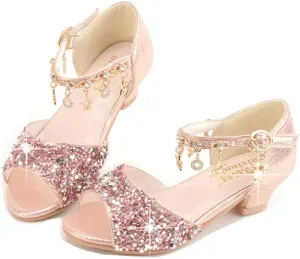 GOJERP Little Kids Girls Sandals Glitter Rhinestone Dress Pumps Sequins Princess Low Heels Party Dance Shoes (Pink, numeric_8)