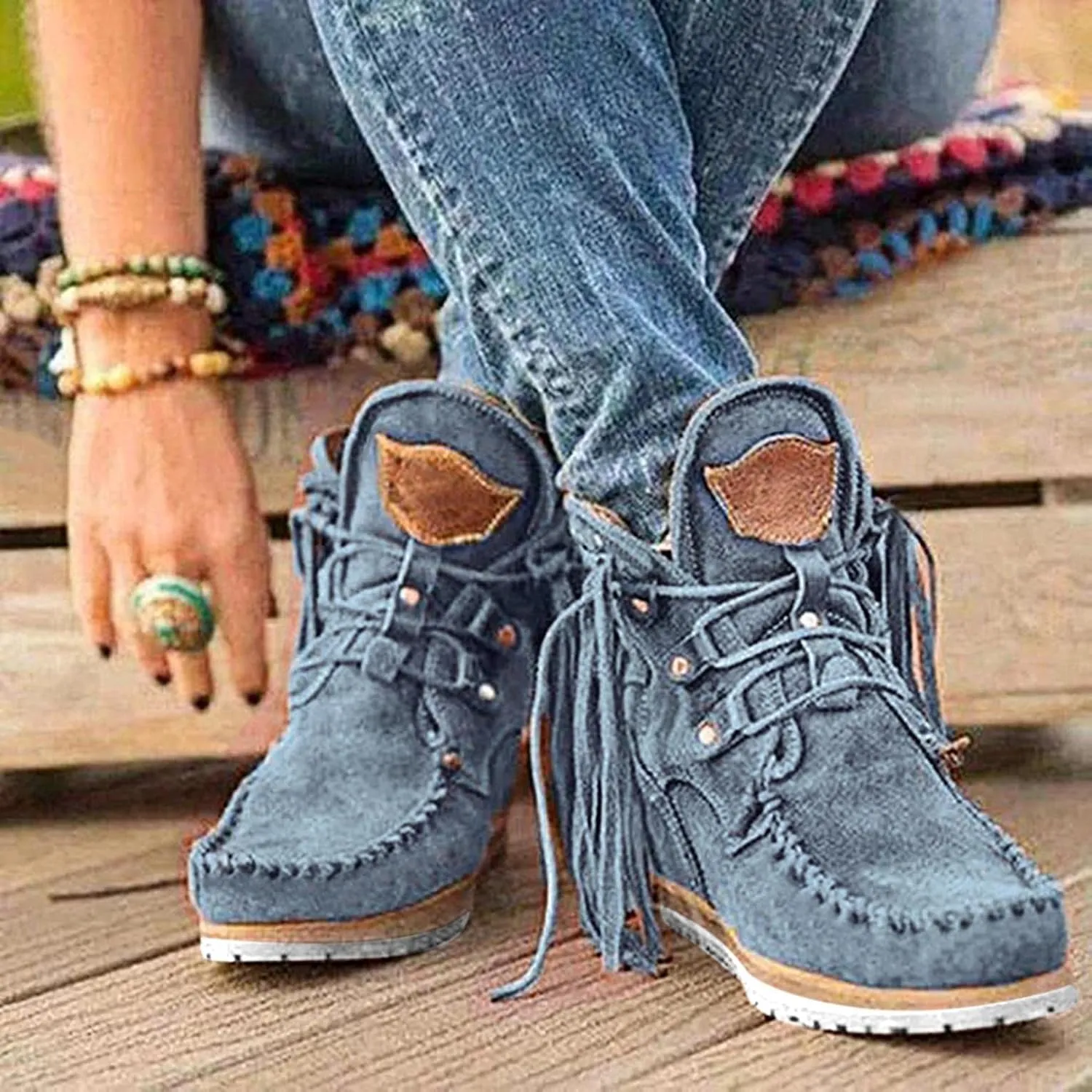 Hbeylia Boho Ankle Booties For Women Ladies With Fringes Ethnic Bohemian Vintage Suede Tassel Lace Up Wide Round Toe Chunky Bottom Heels Low Top Short Boots Retro Beach Slip On Dress Walking Shoes