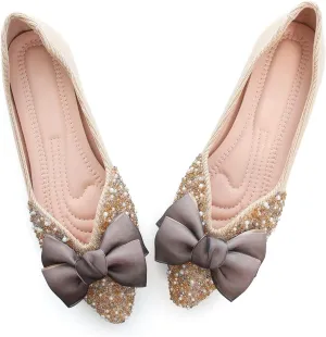 Hee grand Bow-Knot Crystals Ballet Flats Women Pointed Toe Slip On Flats Fashion Rhinestones Dressy Dress Shoes Comfort Work Flats