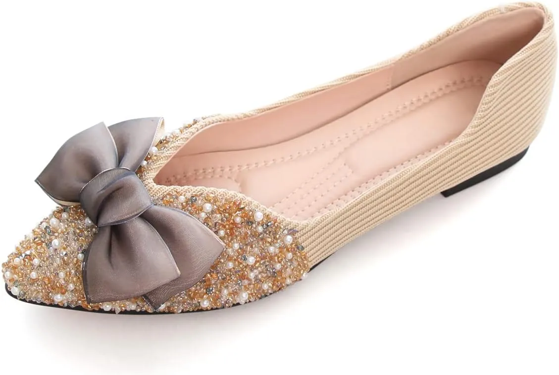 Hee grand Bow-Knot Crystals Ballet Flats Women Pointed Toe Slip On Flats Fashion Rhinestones Dressy Dress Shoes Comfort Work Flats