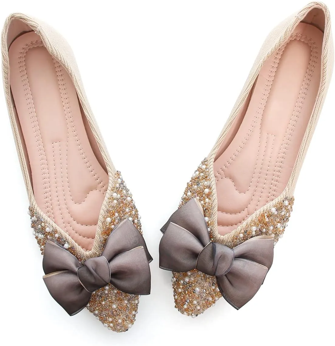 Hee grand Bow-Knot Crystals Ballet Flats Women Pointed Toe Slip On Flats Fashion Rhinestones Dressy Dress Shoes Comfort Work Flats