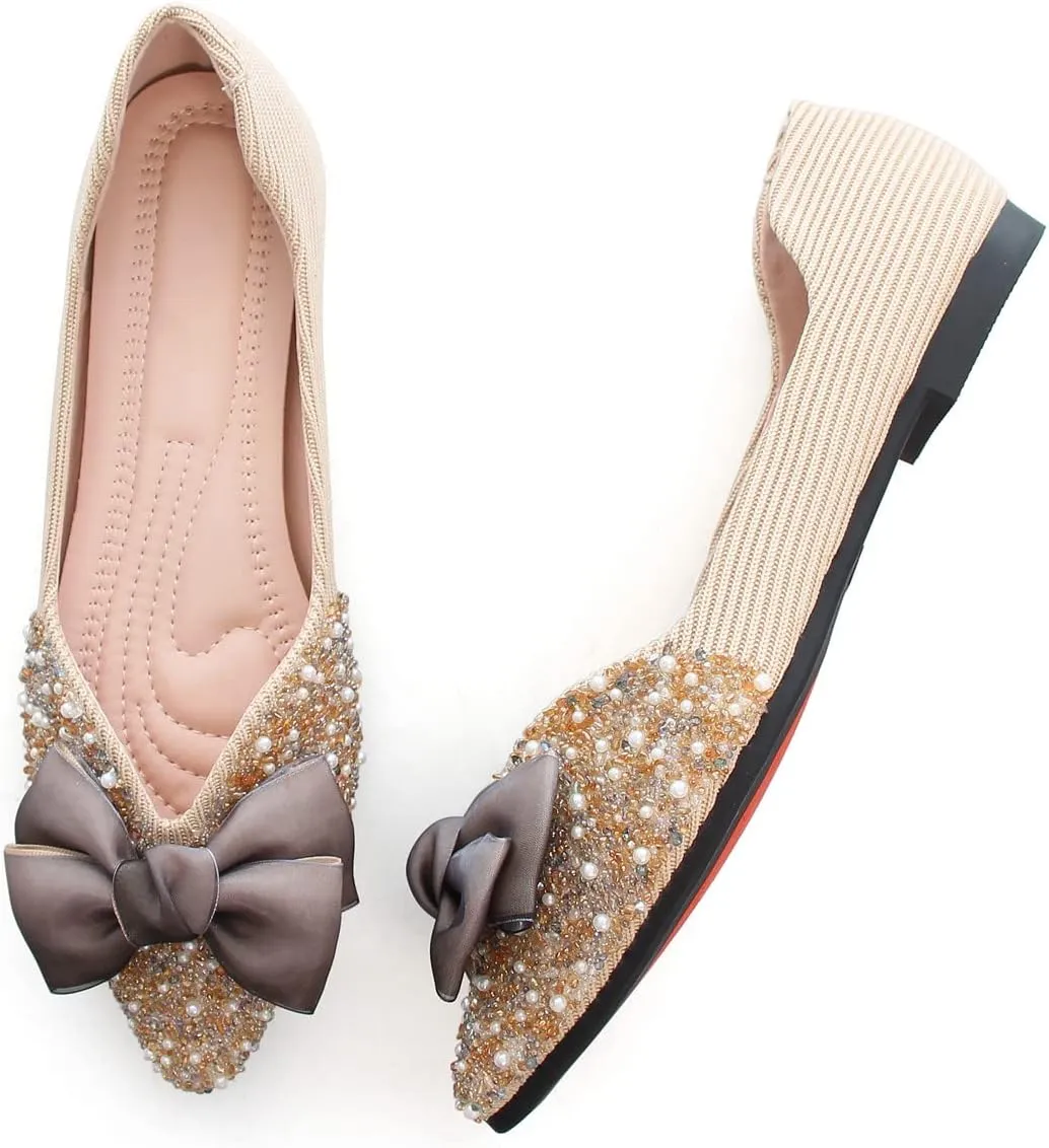 Hee grand Bow-Knot Crystals Ballet Flats Women Pointed Toe Slip On Flats Fashion Rhinestones Dressy Dress Shoes Comfort Work Flats
