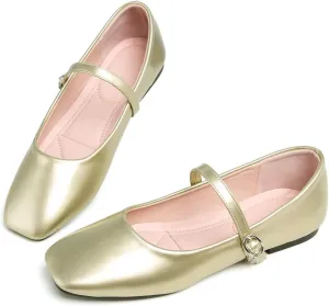 Hee grand Leather Mary Jane Shoes for Women Dressy Square Toe Ballet Flats with Strap Comfortable Walking Shoes Soft Leather Dress Shoes