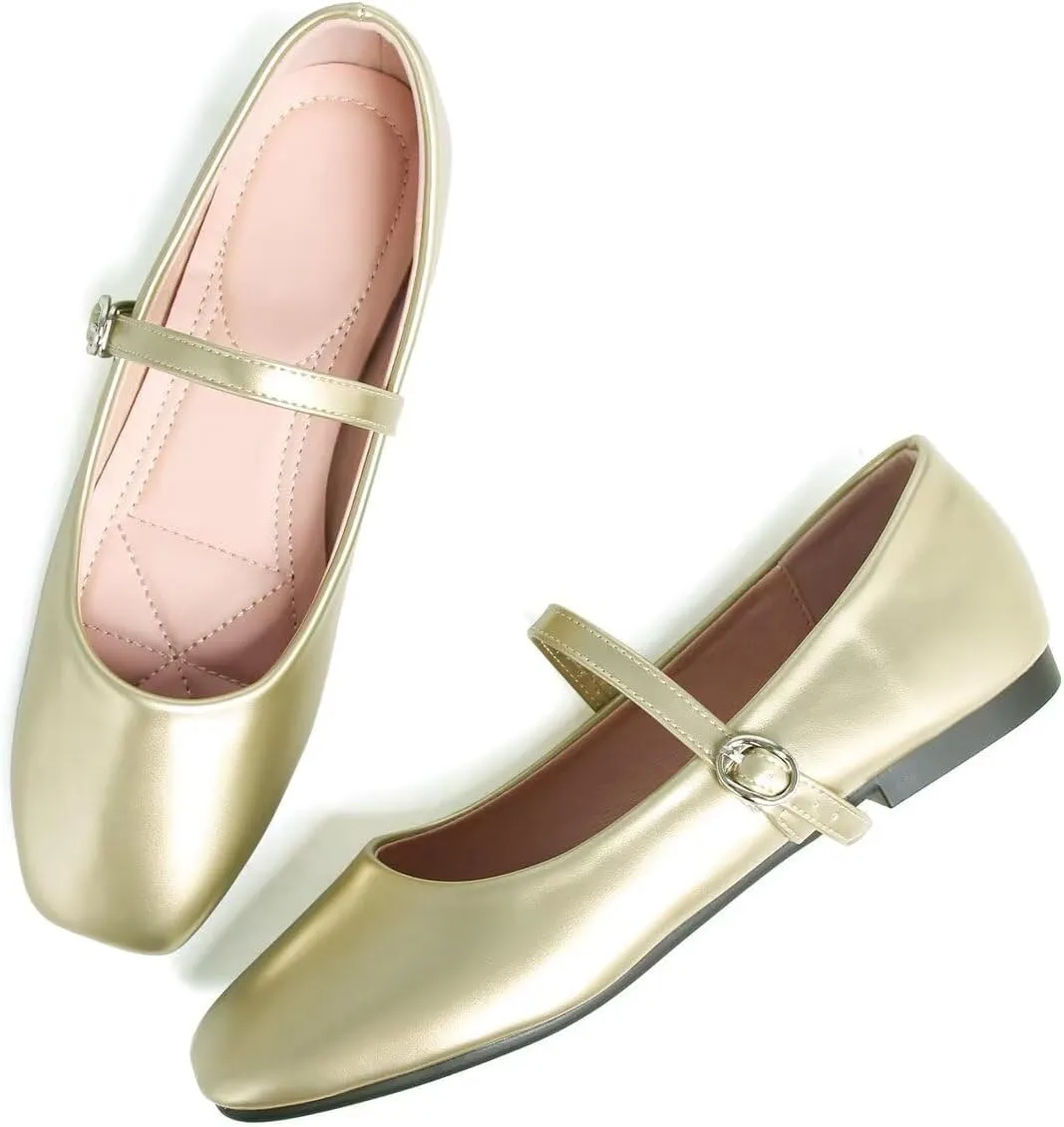 Hee grand Leather Mary Jane Shoes for Women Dressy Square Toe Ballet Flats with Strap Comfortable Walking Shoes Soft Leather Dress Shoes