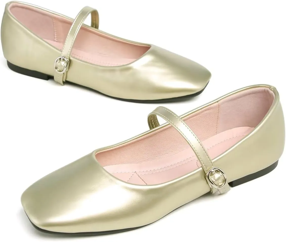 Hee grand Leather Mary Jane Shoes for Women Dressy Square Toe Ballet Flats with Strap Comfortable Walking Shoes Soft Leather Dress Shoes