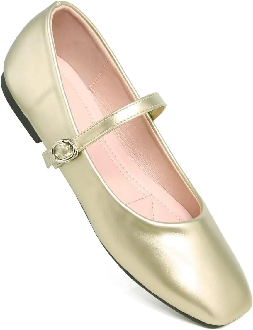 Hee grand Leather Mary Jane Shoes for Women Dressy Square Toe Ballet Flats with Strap Comfortable Walking Shoes Soft Leather Dress Shoes