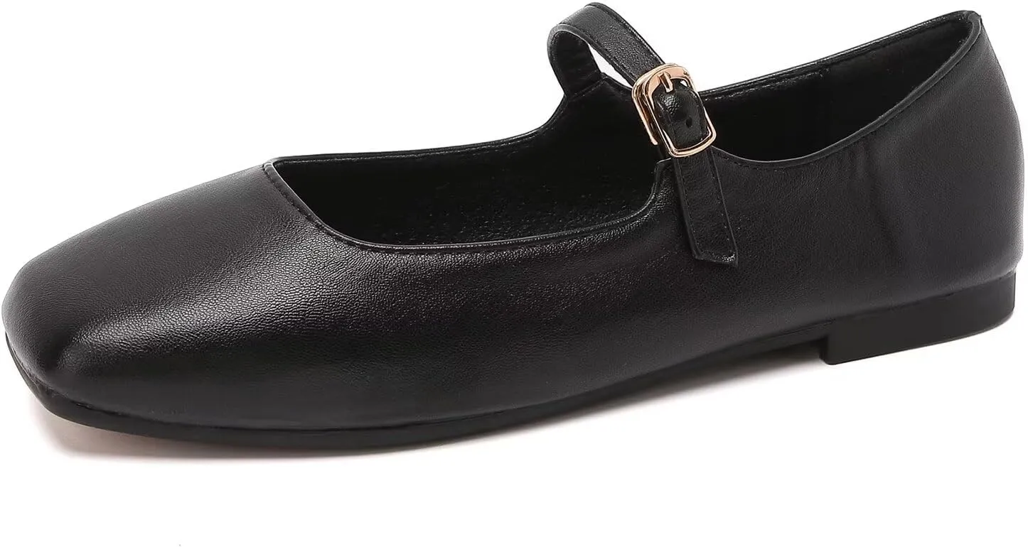 Hee grand Leather Mary Jane Shoes for Women Dressy Square Toe Ballet Flats with Strap Comfortable Walking Shoes Soft Leather Dress Shoes