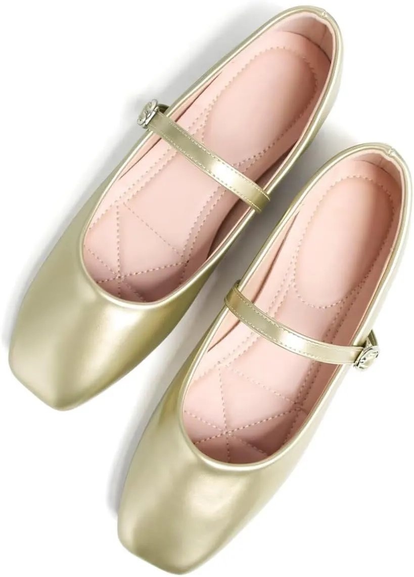 Hee grand Leather Mary Jane Shoes for Women Dressy Square Toe Ballet Flats with Strap Comfortable Walking Shoes Soft Leather Dress Shoes