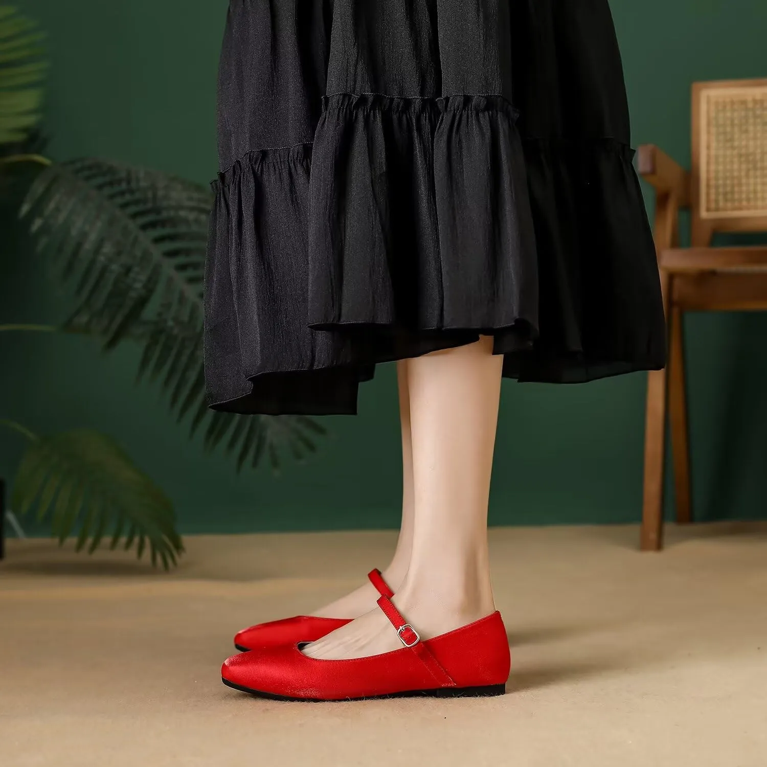 Hee grand Mary Jane Shoes for Women Comfortable Square Toe Ballet Flats with Straps Satin Dress Shoes
