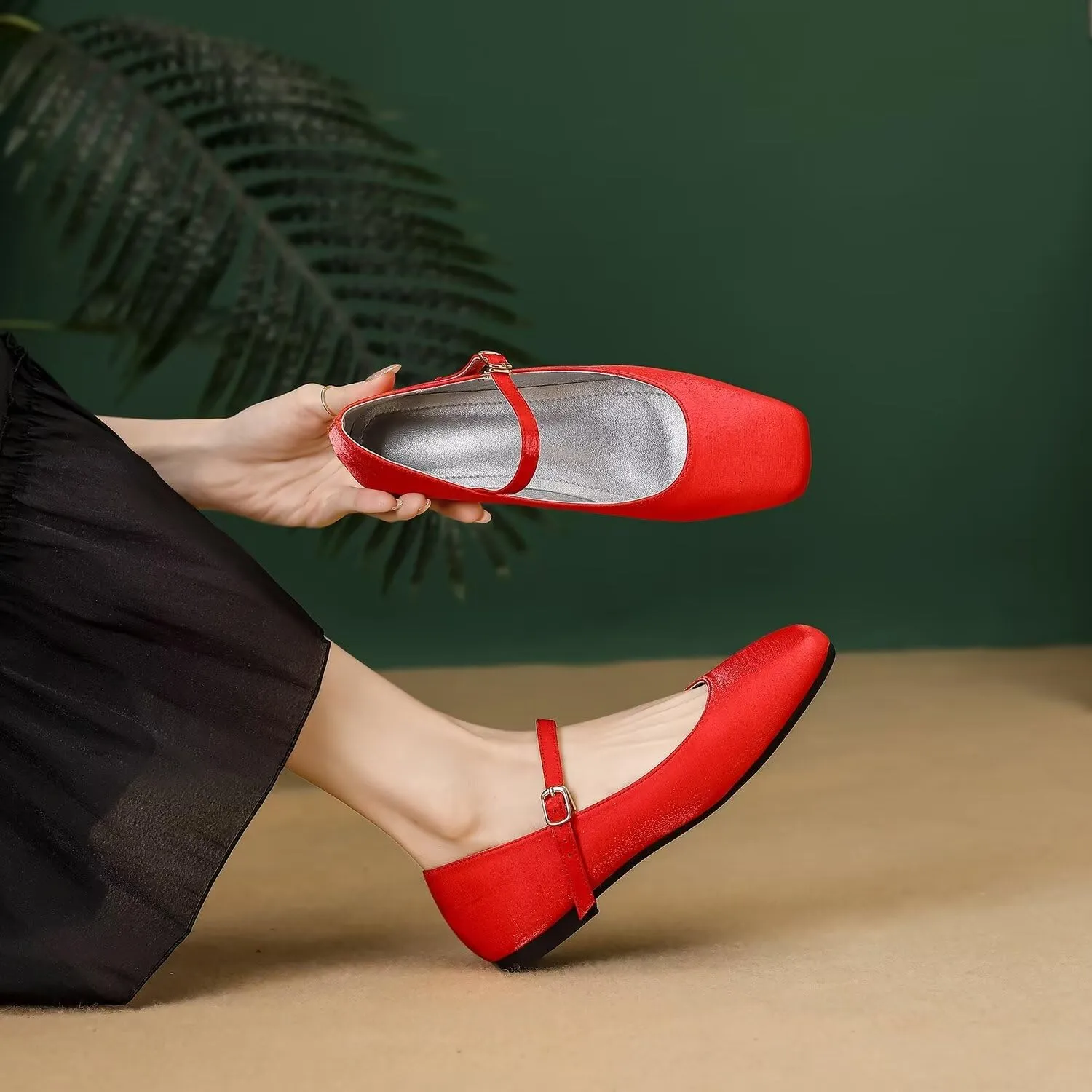 Hee grand Mary Jane Shoes for Women Comfortable Square Toe Ballet Flats with Straps Satin Dress Shoes