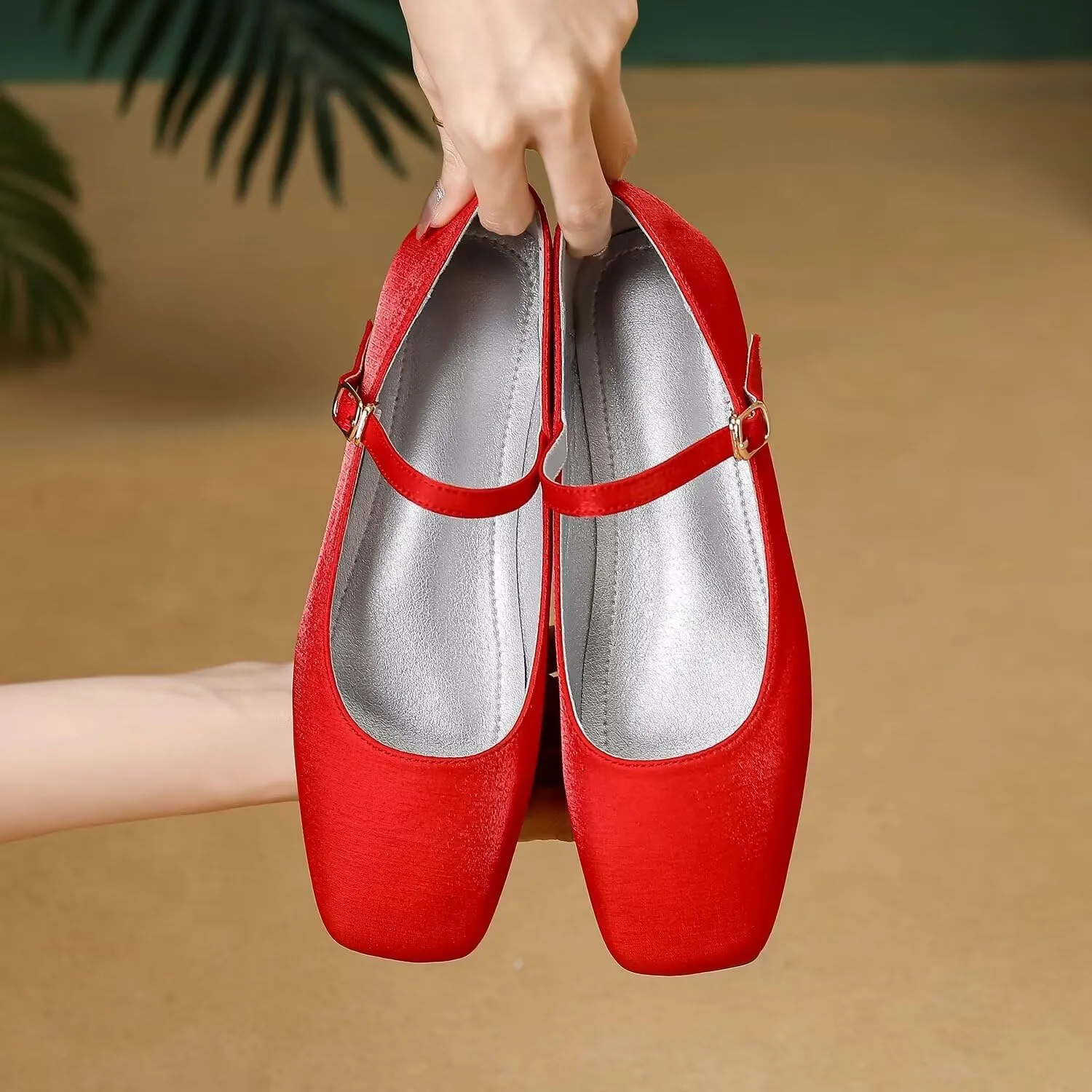 Hee grand Mary Jane Shoes for Women Comfortable Square Toe Ballet Flats with Straps Satin Dress Shoes