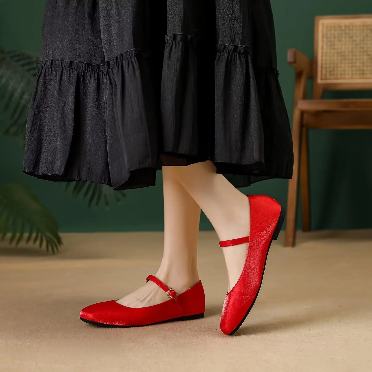 Hee grand Mary Jane Shoes for Women Comfortable Square Toe Ballet Flats with Straps Satin Dress Shoes