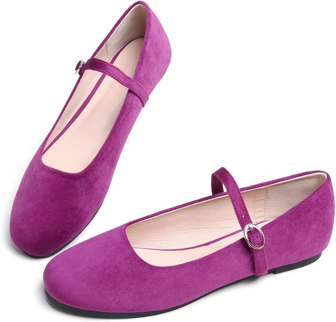 Hee grand Retro Velvet Mary Janes Shoes for Women Comfort Round Toe Ankle Strap Ballet Flats Soft Dancing Shoes