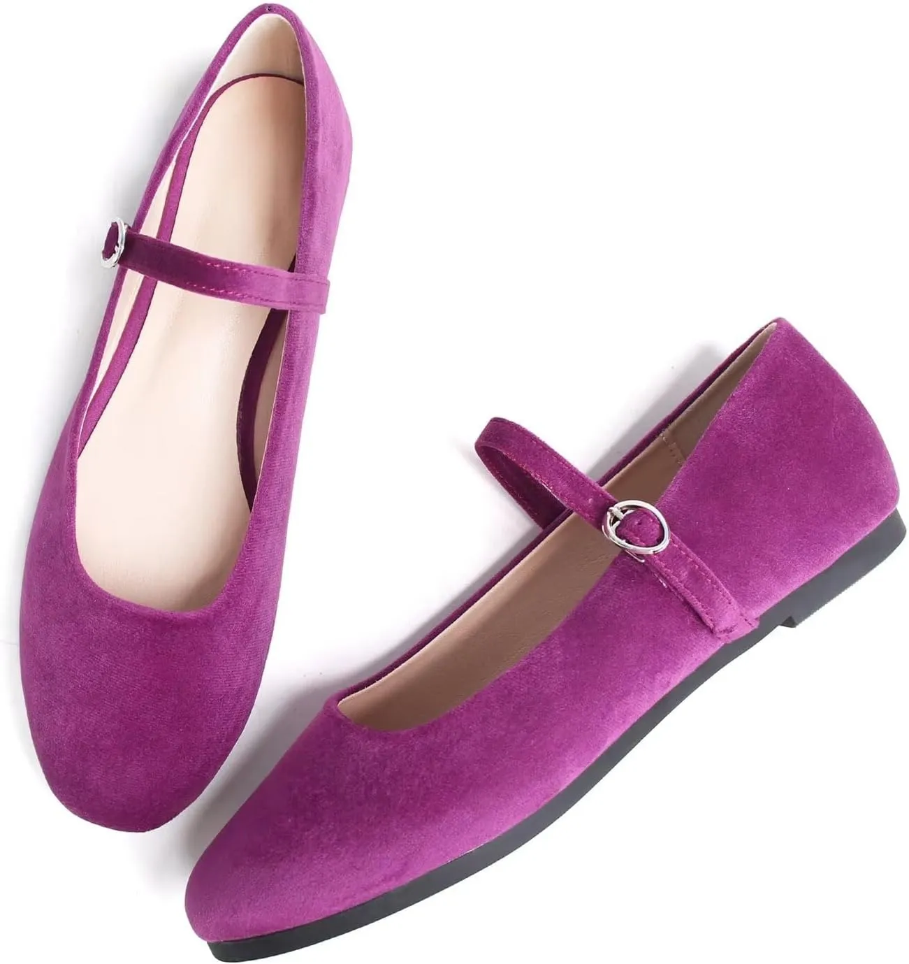 Hee grand Retro Velvet Mary Janes Shoes for Women Comfort Round Toe Ankle Strap Ballet Flats Soft Dancing Shoes