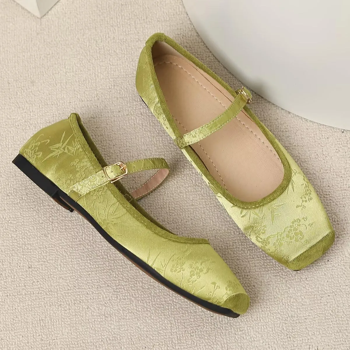 Hee grand Satin Embroidery Mary Jane Flats for Women Dressy Square Toe Ballet Flats with Ankle Strap Comfortable Walking Flats