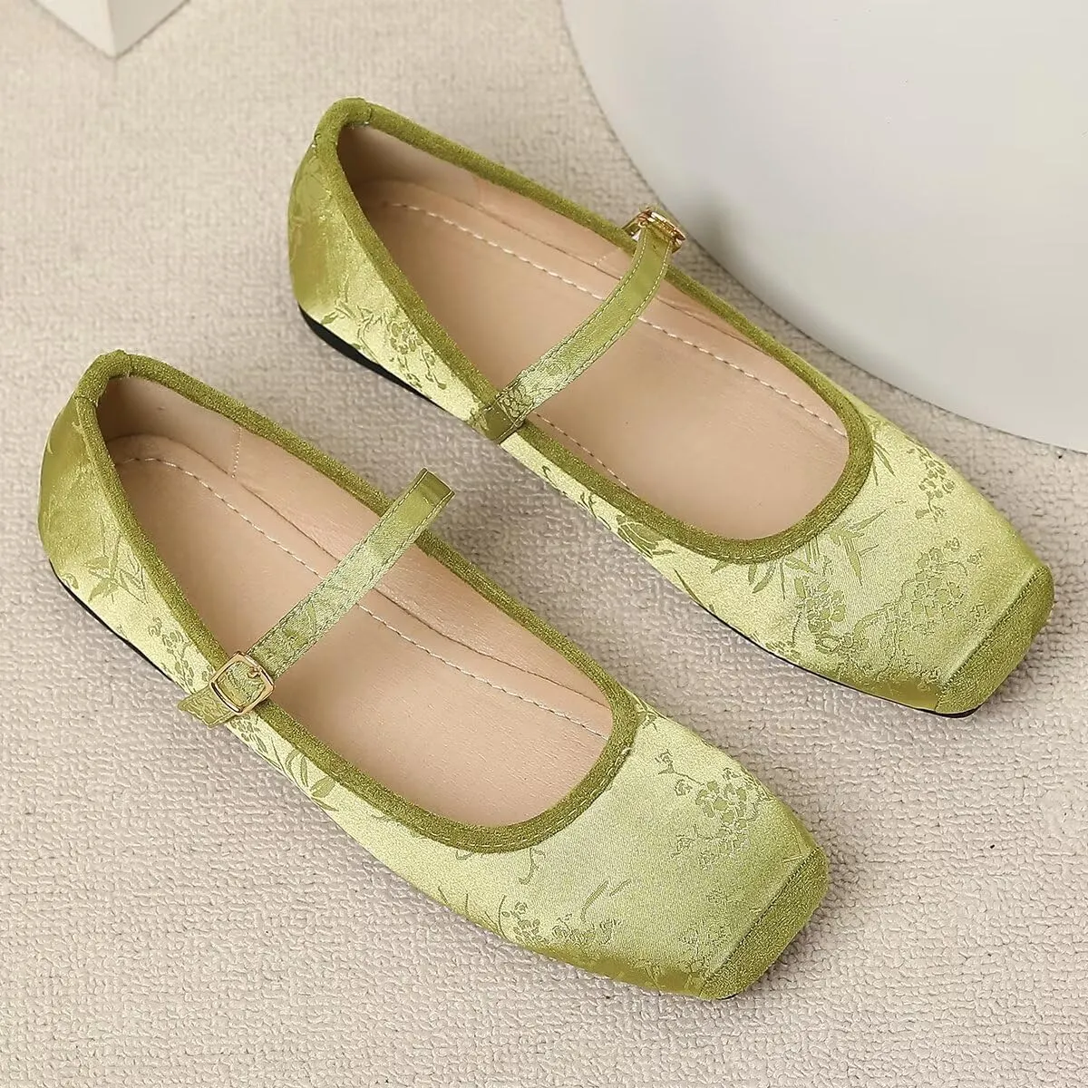 Hee grand Satin Embroidery Mary Jane Flats for Women Dressy Square Toe Ballet Flats with Ankle Strap Comfortable Walking Flats