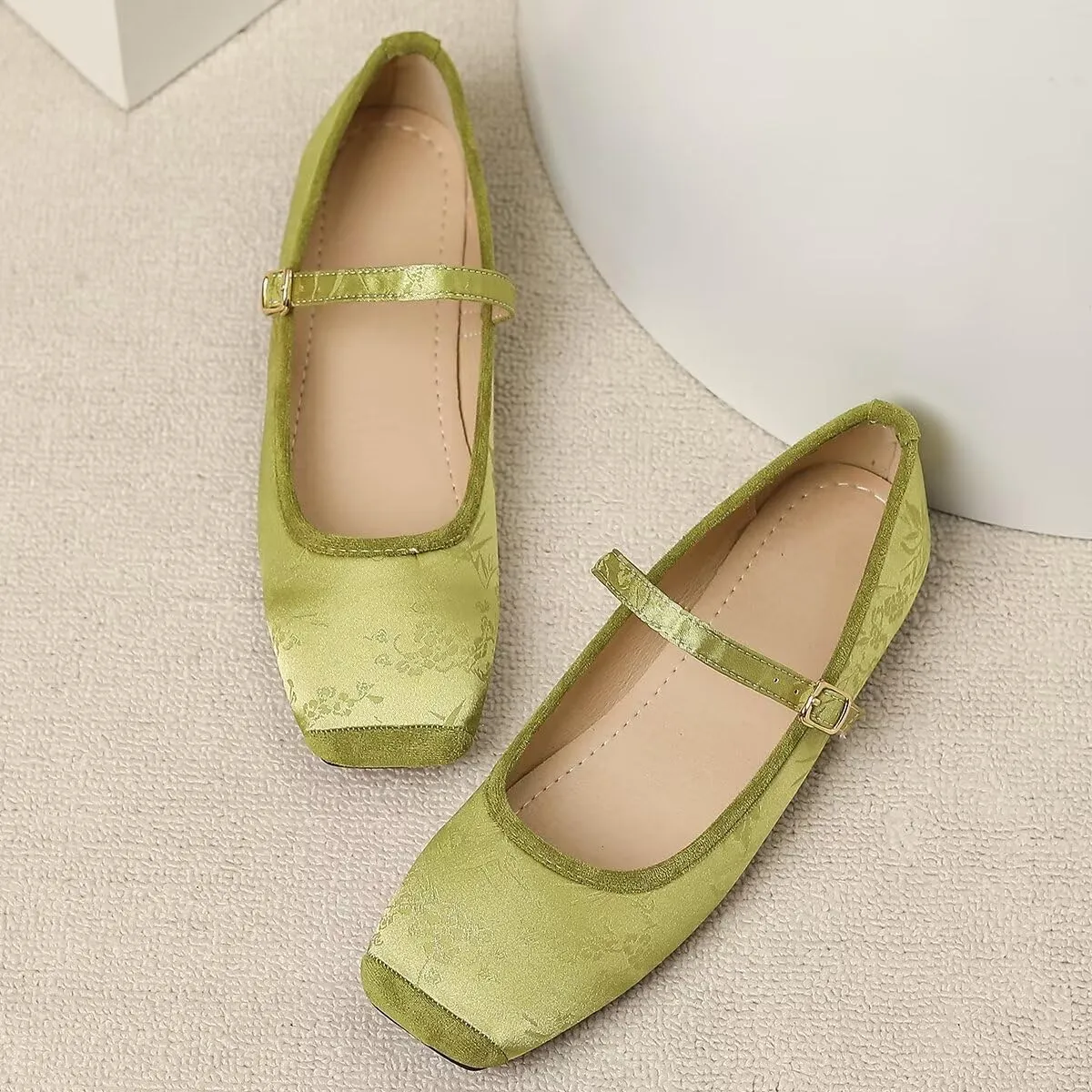 Hee grand Satin Embroidery Mary Jane Flats for Women Dressy Square Toe Ballet Flats with Ankle Strap Comfortable Walking Flats