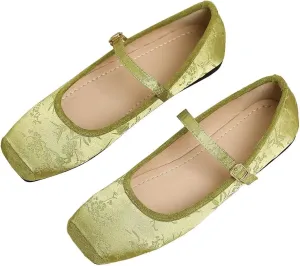 Hee grand Satin Embroidery Mary Jane Flats for Women Dressy Square Toe Ballet Flats with Ankle Strap Comfortable Walking Flats