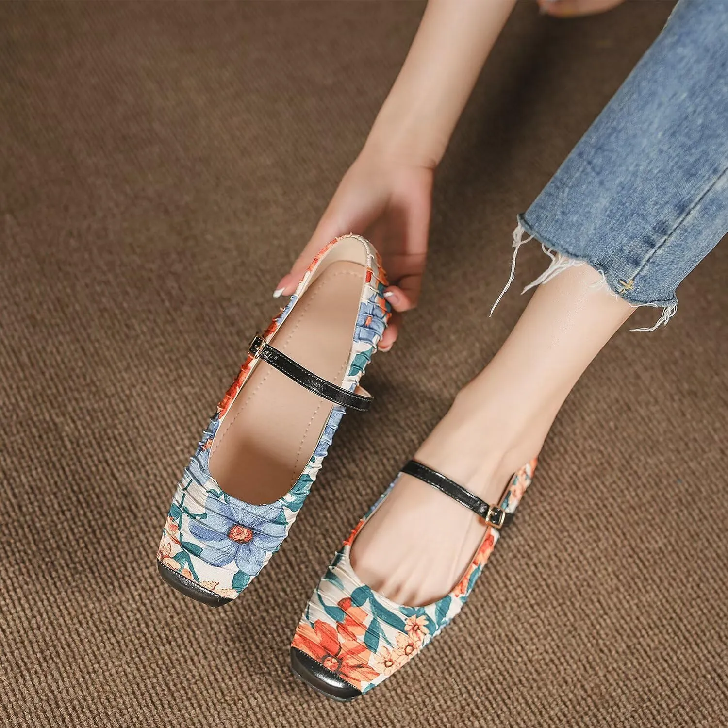 Hee grand Women Mary Jane Flats Shoes Square Toe Satin Dress Shoes Comfortable Casual Ballet Flats