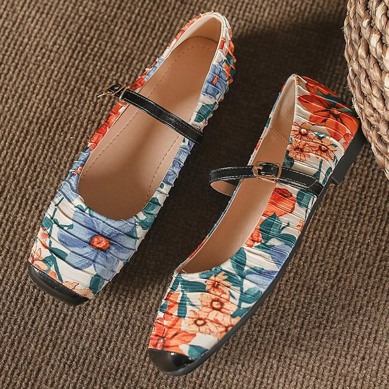 Hee grand Women Mary Jane Flats Shoes Square Toe Satin Dress Shoes Comfortable Casual Ballet Flats
