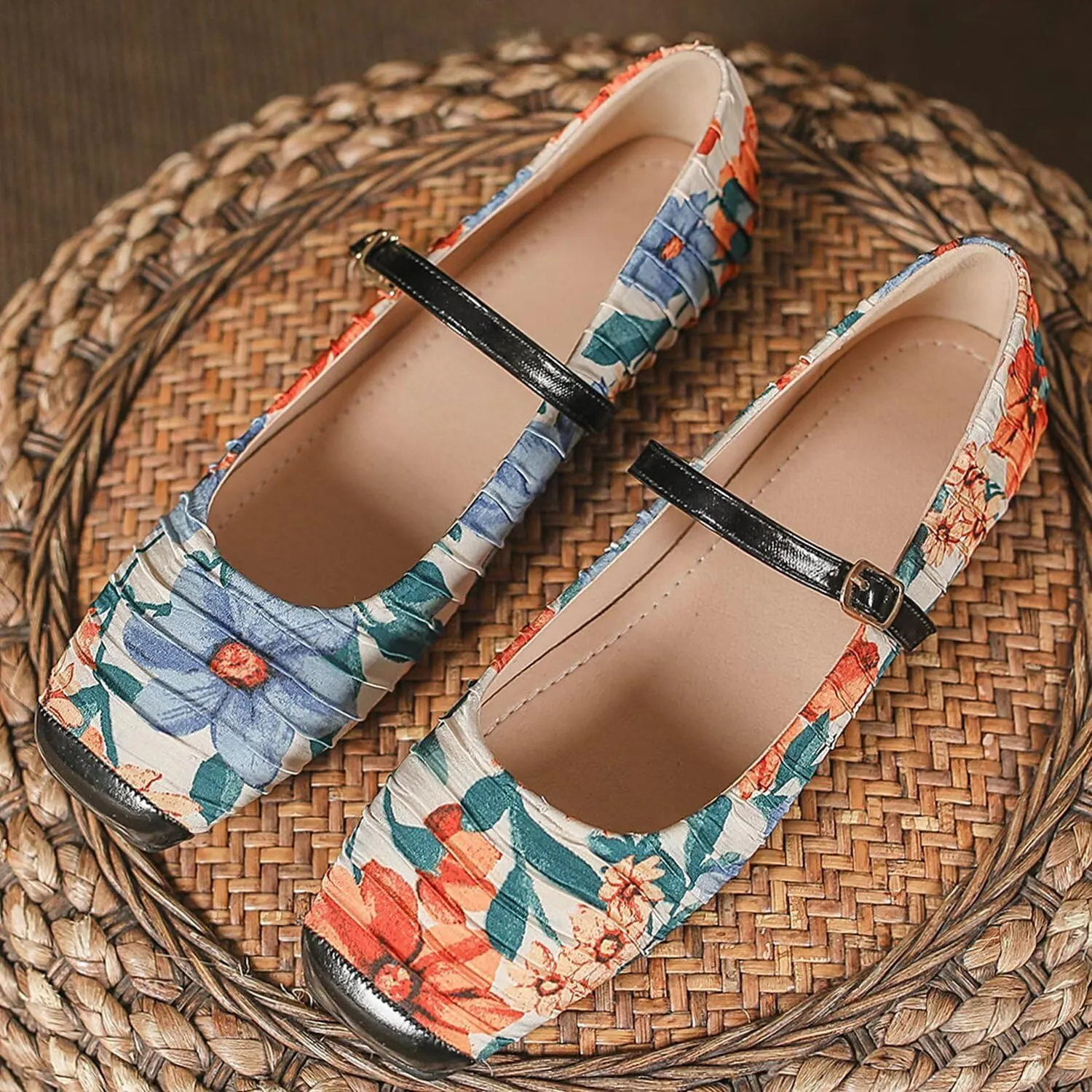 Hee grand Women Mary Jane Flats Shoes Square Toe Satin Dress Shoes Comfortable Casual Ballet Flats