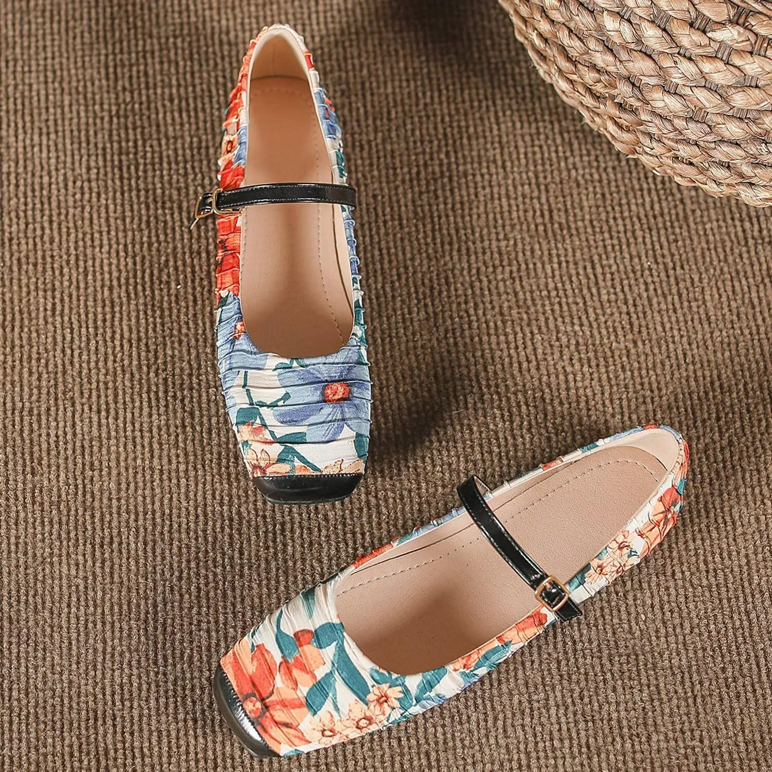 Hee grand Women Mary Jane Flats Shoes Square Toe Satin Dress Shoes Comfortable Casual Ballet Flats