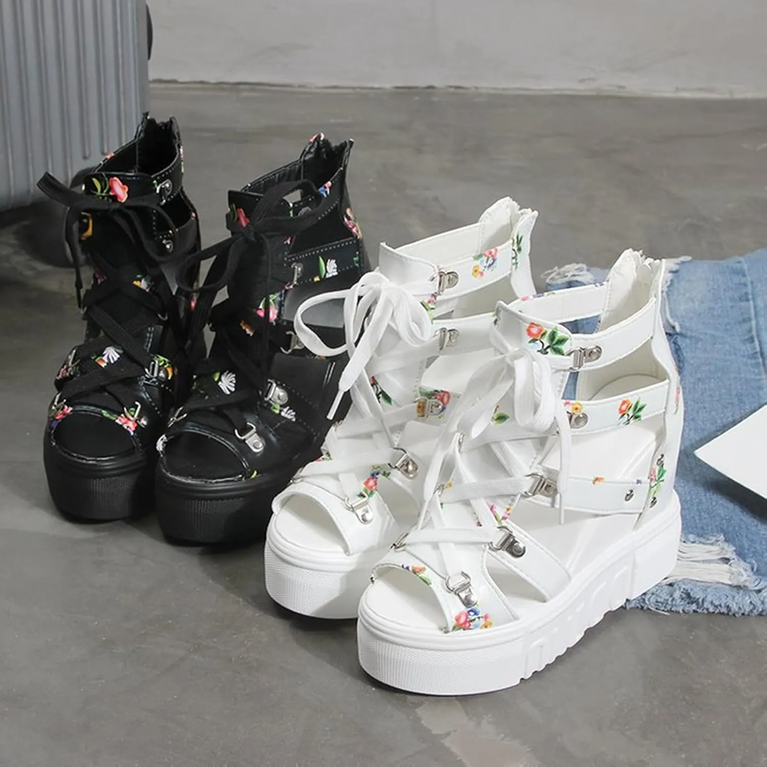 HINDOLA Platform Wedge Sandals for Women Cut Out Peep Toe Gladiator Lace Up Sandals Summer Fashion Floral Wedges Shoes