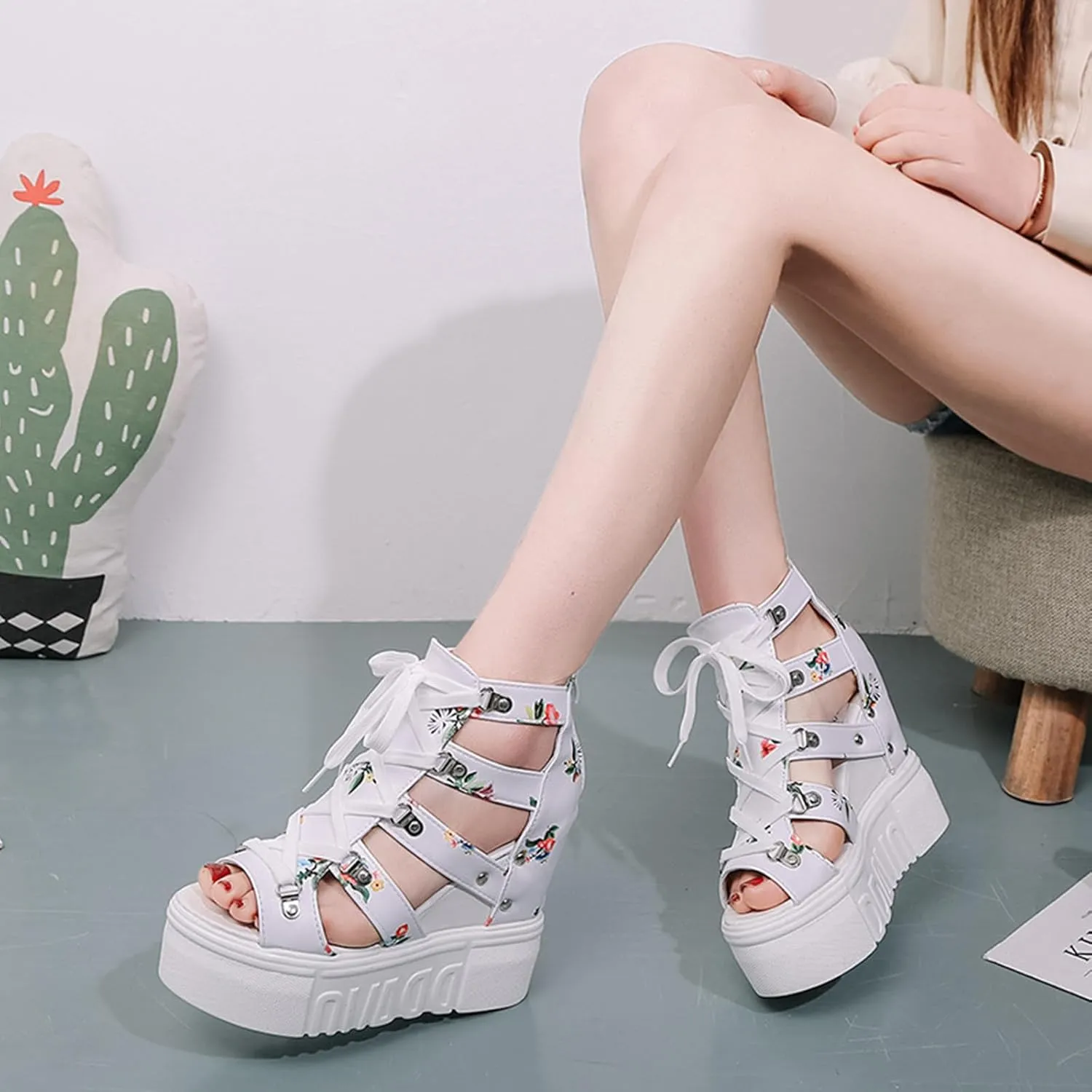 HINDOLA Platform Wedge Sandals for Women Cut Out Peep Toe Gladiator Lace Up Sandals Summer Fashion Floral Wedges Shoes