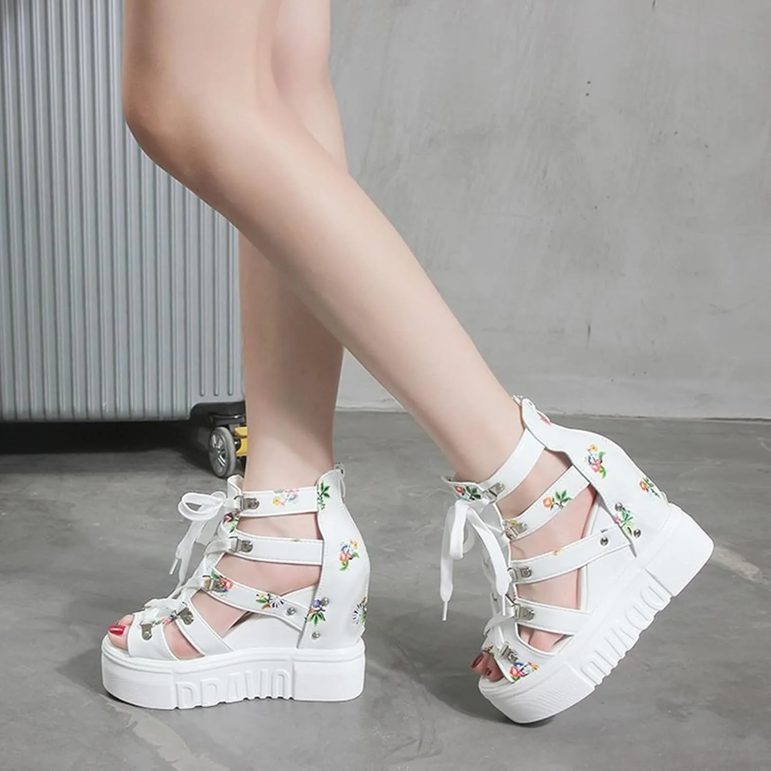 HINDOLA Platform Wedge Sandals for Women Cut Out Peep Toe Gladiator Lace Up Sandals Summer Fashion Floral Wedges Shoes