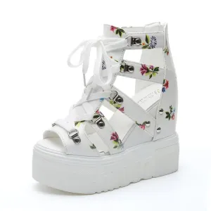 HINDOLA Platform Wedge Sandals for Women Cut Out Peep Toe Gladiator Lace Up Sandals Summer Fashion Floral Wedges Shoes