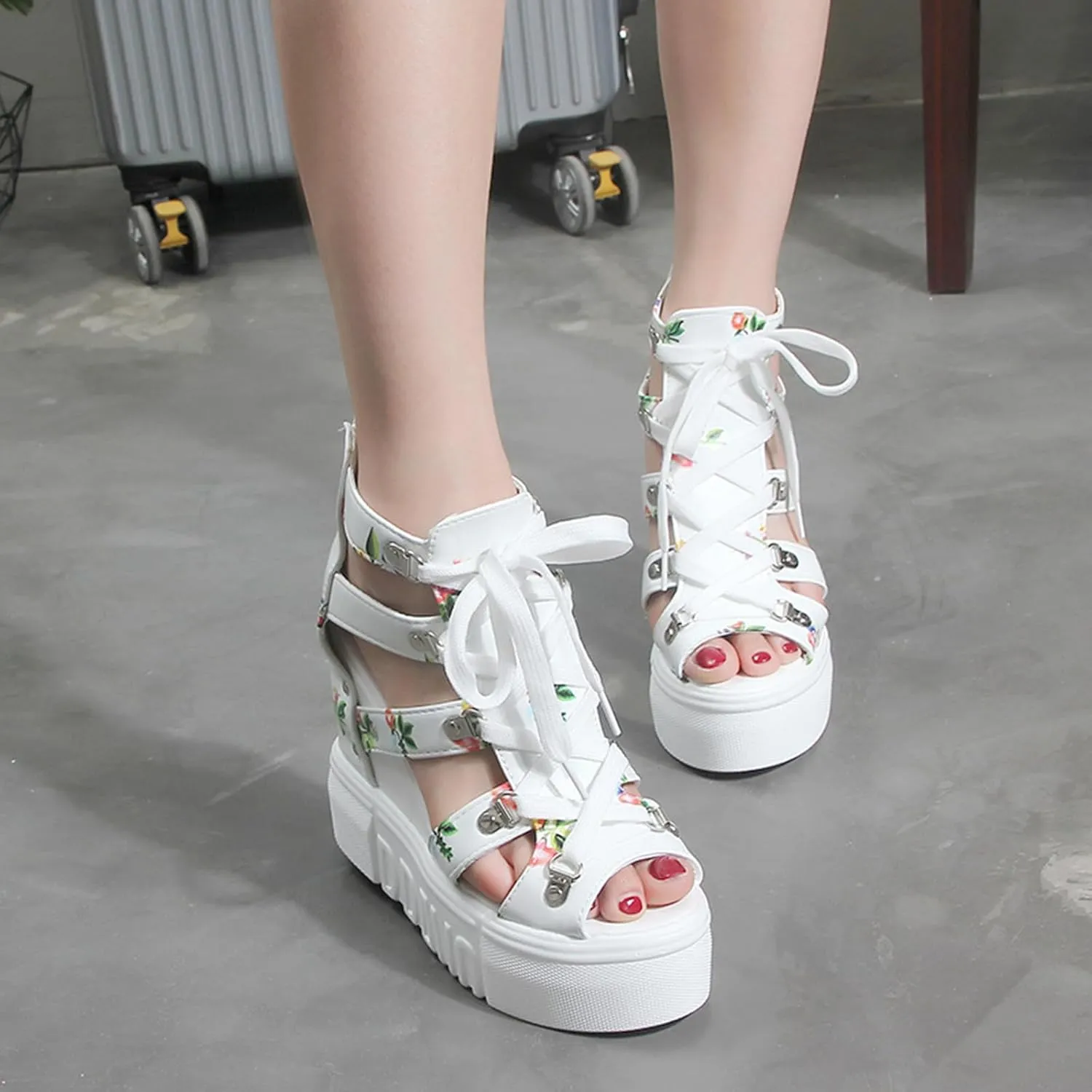 HINDOLA Platform Wedge Sandals for Women Cut Out Peep Toe Gladiator Lace Up Sandals Summer Fashion Floral Wedges Shoes